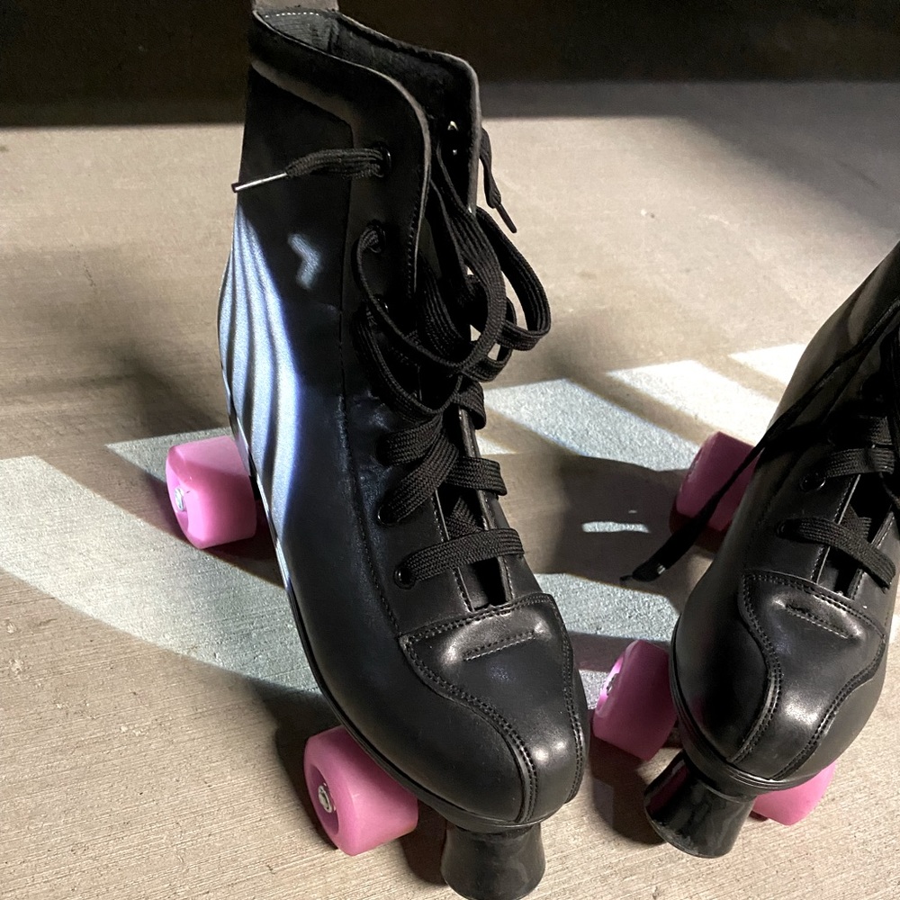 Sunset Black Roller Skates with hot pink wheels (vegan skates)